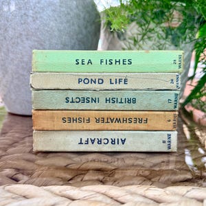Puede incluir: Una pila de cinco libros antiguos con títulos como "Sea Fishes" y "Pond Life". Los libros tienen cubiertas descoloridas en tonos verdes, beige y crema, con texto negro. Los libros están apilados sobre una superficie tejida.