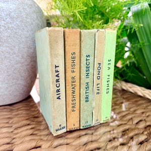 May include: A collection of old books with titles such as "Aircraft," "Freshwater Fishes," and "British Insects." The books feature aged covers in green and orange hues, with the titles printed vertically. They are arranged on a woven surface.