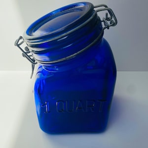 Italian cobalt blue tilted glass jar by CROWNFORD | Vintage 1 QUART storage canister with hinged closure lid | Made in Italy in 1968