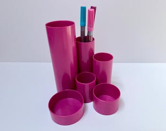 Vintage Pink or Black Modular Desk Organizer, 1980s West German Cylindrical Tube Pen Pot