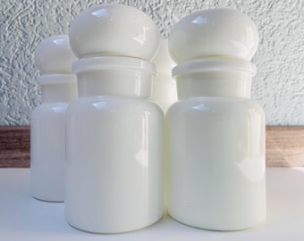 Belgian white milk glass apothecary bottles 200ml ideal for kitchen bedroom or bathroom shelf display | Vintage 1970s