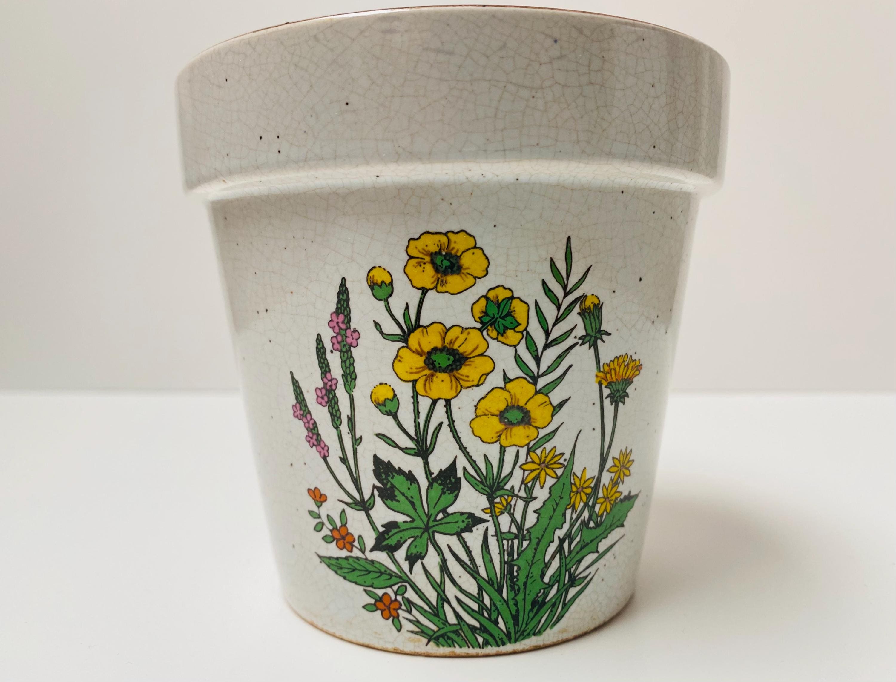 Vintage Japanese Stoneware Plant Pot: Yellow Buttercup Floral