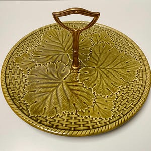 Rare lime green vintage porcelain cheese charcuterie or crudités platter from 1970s GIEN France with embossed grape leaf design