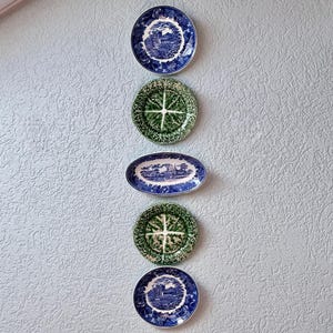 Vintage Blue Transferware + Majolica Green Cabbage Leaf Plate Wall by Wedgwood, Arabia Finland & Secla — Set of 5 with Wall Fixtures