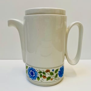Italian TOGNANA 1970s porcelain coffee pot or teapot | Blue botanic garden florals with orange flower design | Large 900ml capacity