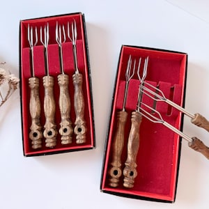 Vintage Swiss Raclette Forks – Carved Wood Handles, Set of 4
