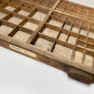 Original wooden typeset printers letterpress drawer or tray for display from circa 1930 with original paper lining & two metal handles