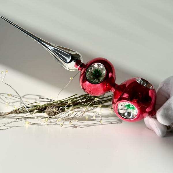 Vintage concaaf mondgeblazen glazen kerstboomtopper | Feestelijke decoraties | Kerstversieringen: rood, zilver en groen