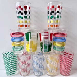 Vintage French Mid-Century Tumblers — Striped Geometric Multicoloured Drinking Glasses, Multiple Sets Available