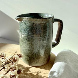 Vintage kan van aardewerk met blauwgroene tint glazuur, boerderijdecor, kan voor 1 pint (568 ml)