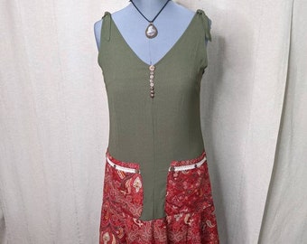 Red Paisley "Amelia" Dress M-L; women's upcycled clothing, bohemian dress, dress with pockets, cottagecore, gardencore, hippie nomad outfit
