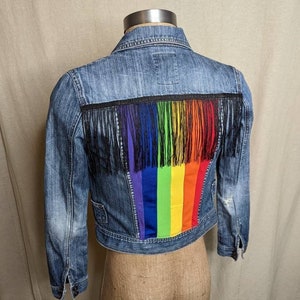 Rainbow Fringe Denim Jacket S-M; upcycled clothing womens fall layers gay pride coat distressed acid wash denim jacket Chakra punk hippie