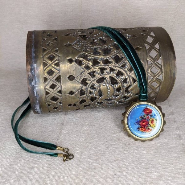 Cottage Garden Long Necklace; Bottlecap necklace Bohemian floral pendant brass Green velvet Victorian steampunk Hedge Witch Nomad Gift