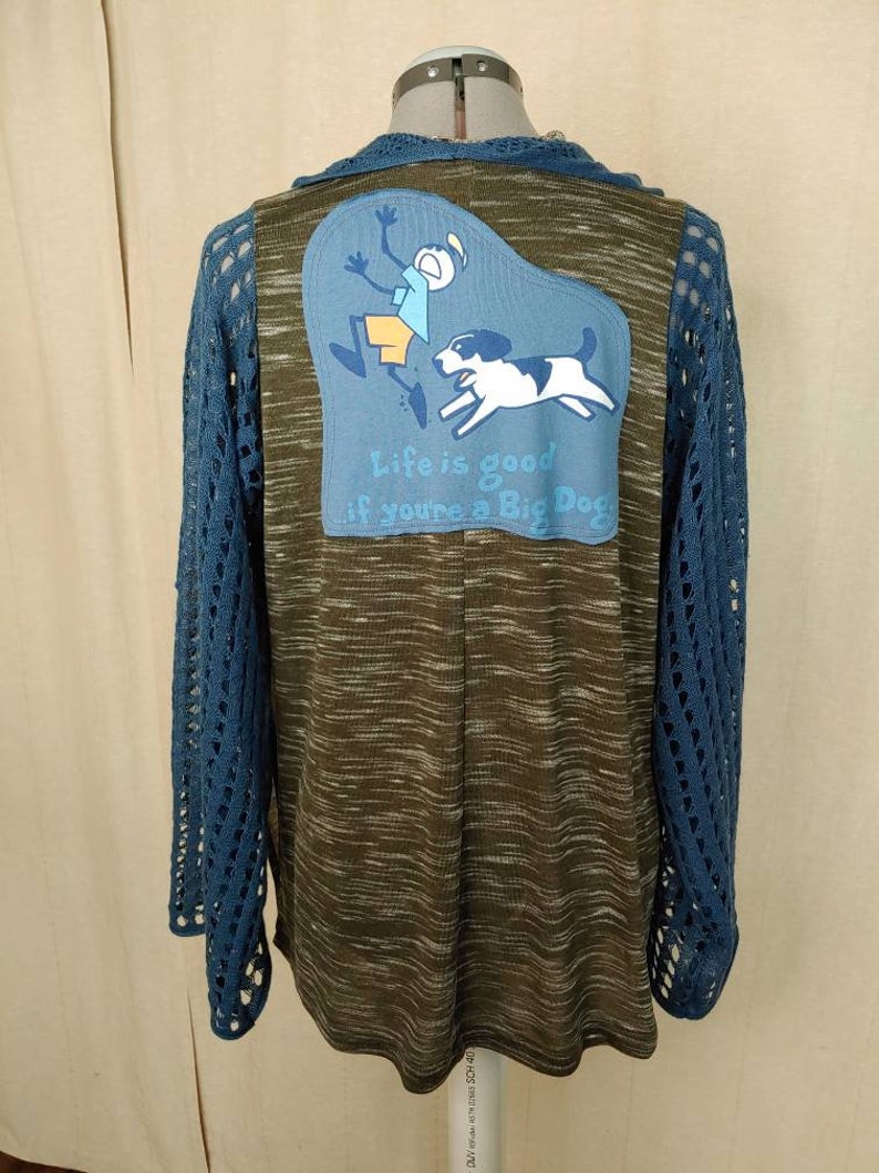Big Dog Open Cardigan Size S-M; upcycled sweater coat womens lightweight layers hippie mens nomad jacket bohemian boho festival coat green