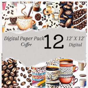 Pode incluir: Um pacote de papel digital com 12 designs com tema de café. Cada design apresenta xícaras de café, grãos de café e outras imagens relacionadas ao café. Os designs medem 30,48 cm por 30,48 cm.