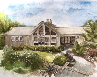 Beautiful Ranch Style Watercolor Hand-Painted Home from Photo