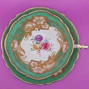 Very Rare Paragon Fine Bone China Green Floral Cup and Saucer Set