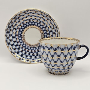Lomonosov LFZ “Tulip Cobalt Net” Porcelain Teacup & Saucer Set
