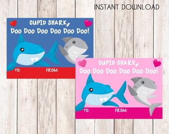 Shark Valentine Cards, Instant Download Cards --- Digital File of 4 (3.5x5 inch) Cards