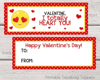 Emoji Valentine Bag Toppers, Instant Download Cards --- Digital File of 2 Fold-able Bag Toppers