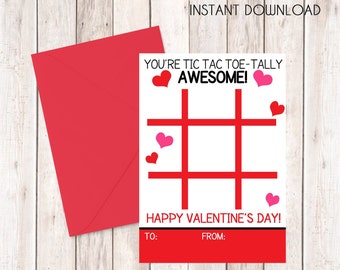 Tic Tac Toe Valentine Card, Printable Instant Download Cards --- Digital File of 4 (3.5x5 inch) Cards