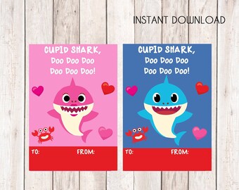 Baby Shark Valentine Cards, Instant Download Cards --- Digital File of 4 (3.5x5 inch) Cards