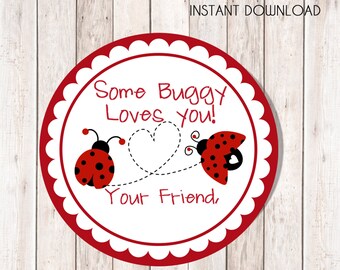 Ladybug Valentine Tags, Instant Download Tags or Stickers --- Digital File of 12 2.5 inch Round Stickers or Tags
