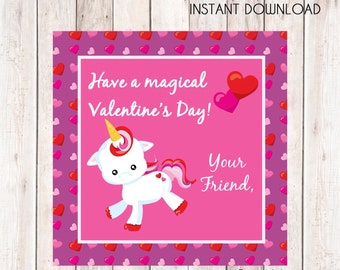 Unicorn Valentine Tags, School Gift Tags - Digital File of 12 2 inch Square Stickers or Tags