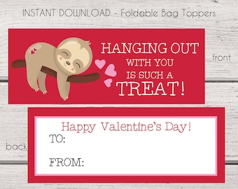 Sloth Valentine Bag Toppers, School Valentines, Instant Download Cards --- Digital File of 2 Fold-able Bag Toppers