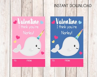 Narwhal Valentine Cards, Instant Download Cards --- Digital File of 4 (3.5x5 inch) Cards