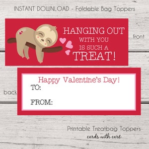 Faultier Valentinstag Taschendeckel, Schul Valentines, Instant Download Karten Digitale Datei mit 2 faltbaren Taschendeckel Bild 1