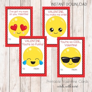 Emoji Valentine Cards, Instant Download Cards --- Digital File of 4 (3.5x5 inch) Cards