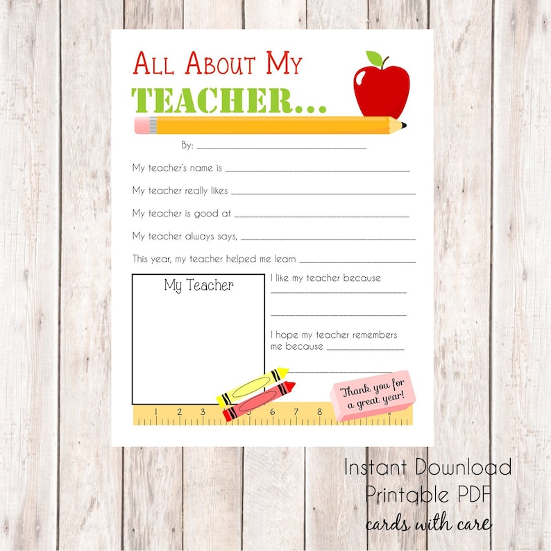 Teacher Information Sheet Printable, Instant Download, Teacher Appreciation Printable, 8.5x11 PDF image 1