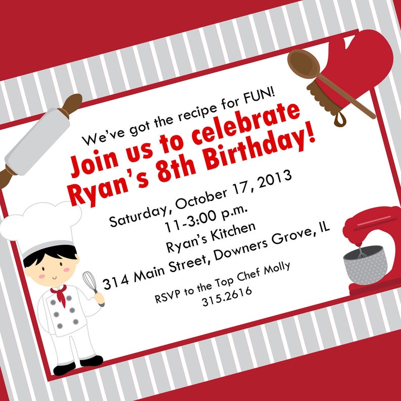 Cooking Party Invitation, Boy Top Chef Invitation, Printable Invitation, Custom Wording, JPEG File image 3