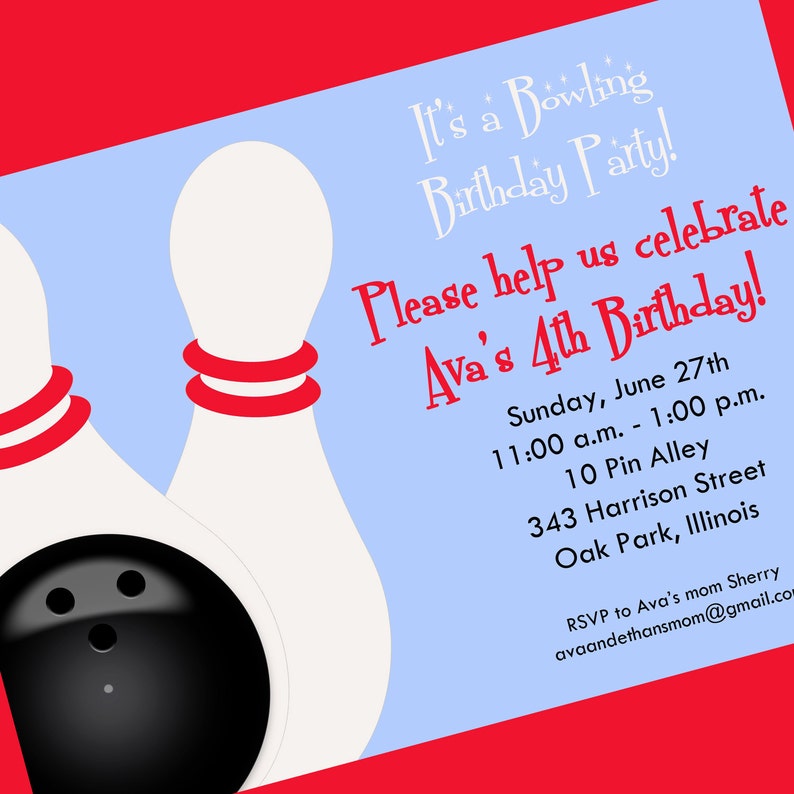 Bowling Birthday Party Invitation, Printable Invitation Design, Kids Birthday Invitation, Custom Wording, JPEG File image 3