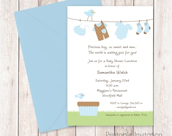 Boy Clothesline Baby Shower Invitation, Printable Invitation Design, Custom Wording, JPEG File