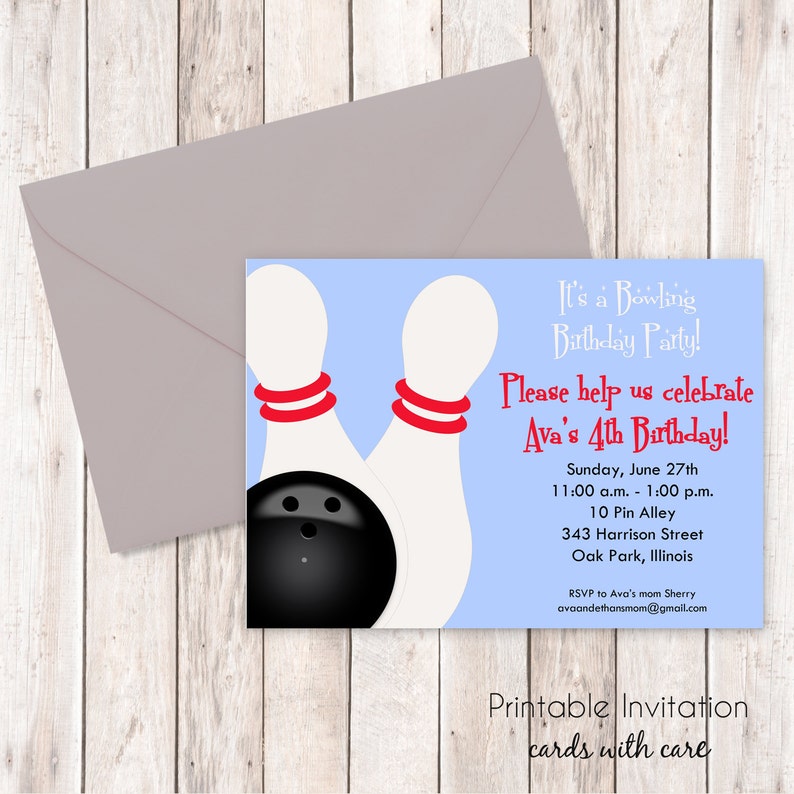 Bowling Birthday Party Invitation, Printable Invitation Design, Kids Birthday Invitation, Custom Wording, JPEG File image 1