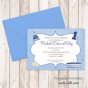 Primer cumpleaños niño, diseño invitación imprimible, personalizado texto, archivo JPEG