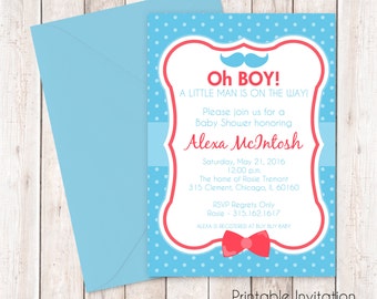 Mustache Shower Invitation, Little Man Bow Ties, Boy Baby Shower Invitation, Printable Invitation Design, Custom Wording, JPEG File