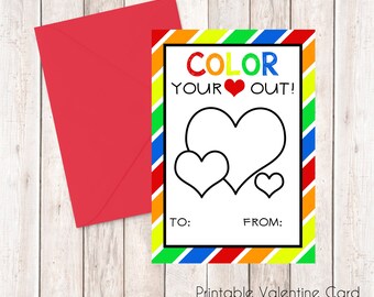 Coloring Valentine Card, Printable Instant Download Cards --- Digital File of 4 (3.5x5 inch) Cards