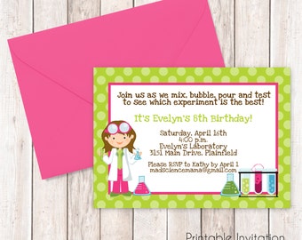 Science Party Printable Invitation Design, Girl Scientist, Custom Wording, JPEG File