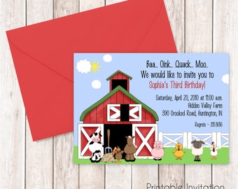 Farm Animals Invitation, Printable Invitation Design, Custom Wording, JPEG File