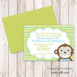 Petit singe garçon premier anniversaire Invitation, Invitation imprimable Design, texte personnalisé, fichier JPEG