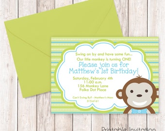Little Monkey Boy First Birthday Invitation, Printable Invitation Design, Custom Wording, JPEG File