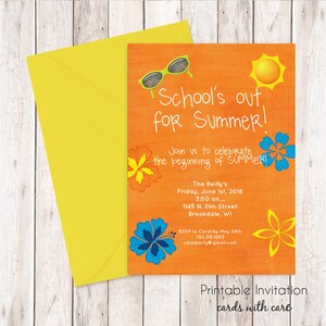 Invitación de verano, diseño de invitación imprimible de la escuela, fin de la fiesta de la escuela, texto personalizado, archivo JPEG