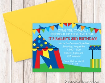 Carnival Party Invitation, Circus Party, Custom Wording, Printable JPEG File