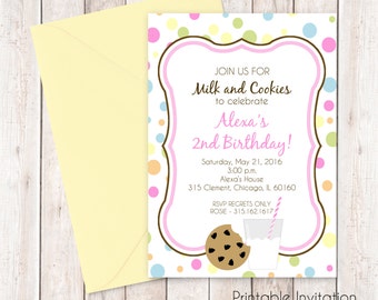 Milch und Cookies Geburtstagseinladung, Cookie Thema Geburtstagseinladung, druckbare Einladung, Cookie-Party, benutzerdefinierte Formulierung, JPEG-Datei