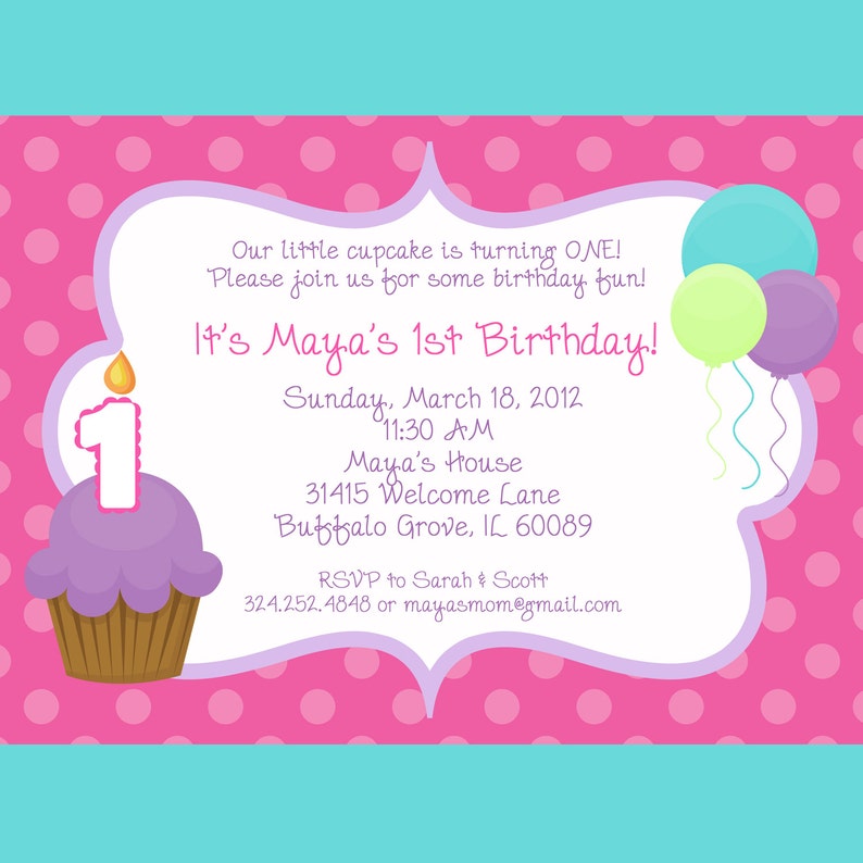 First Birthday Girl Cupcake, Printable Invitation Design, Custom Wording, JPEG File image 2