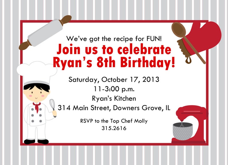 Cooking Party Invitation, Boy Top Chef Invitation, Printable Invitation, Custom Wording, JPEG File image 4