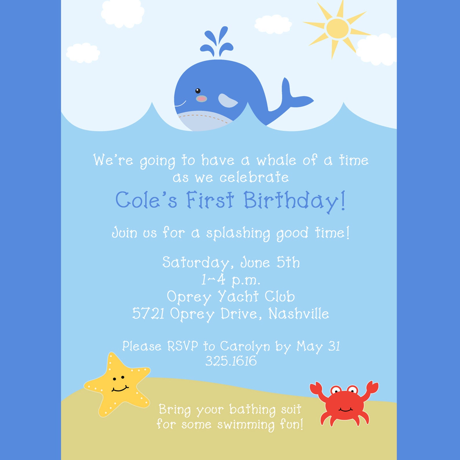 Whale, Under the Sea Invitation, Printable Invitation Design, Custom